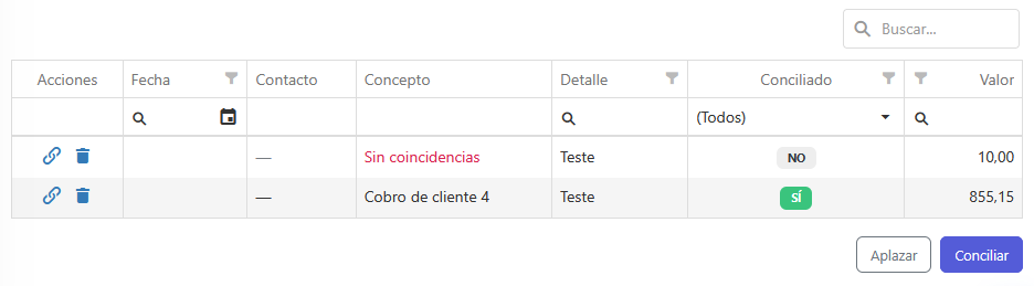 Línea sin coincidencias junto a una línea vinculada automáticamente en la rejilla de conciliación